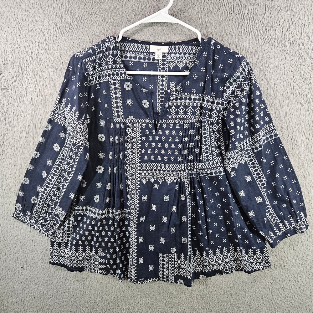 J. Jill Navy Blue Bandana Print Pintuck Cotton Blouse Womens Small‎ Petite S P